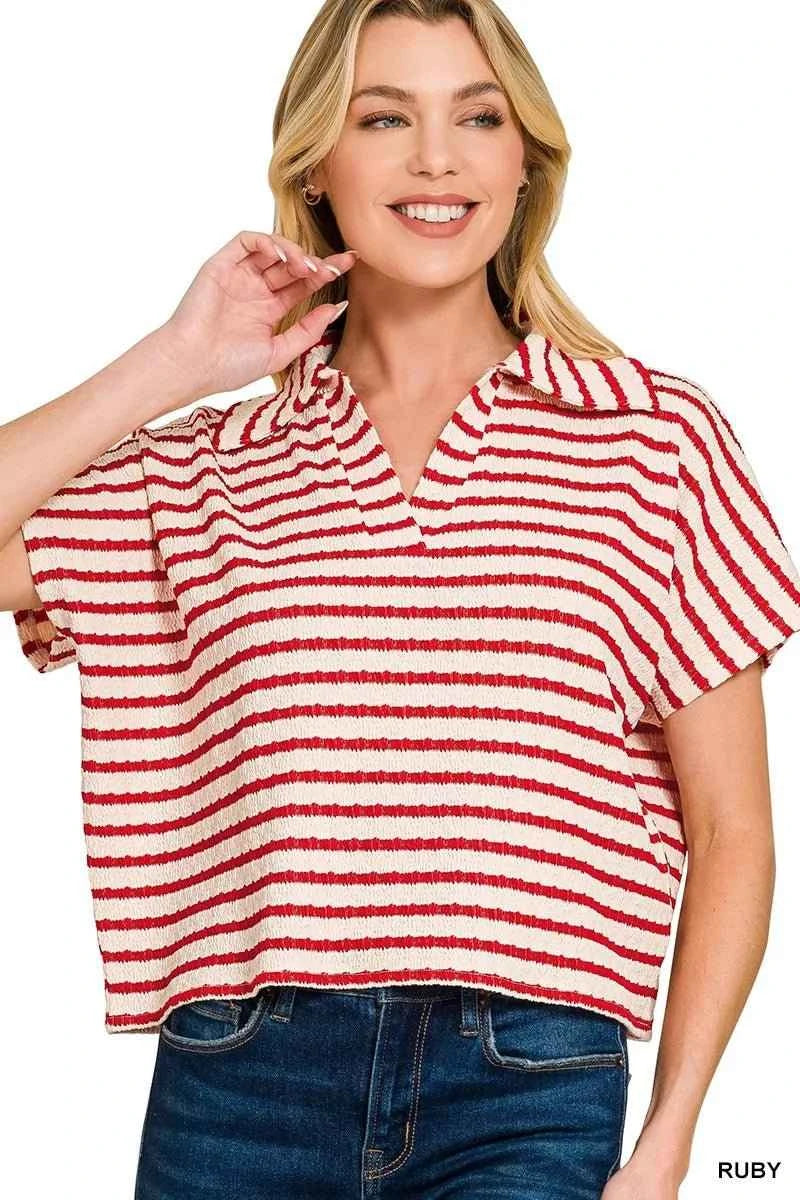 Ruby Red Striped Split Neck Collared Top by Zenana