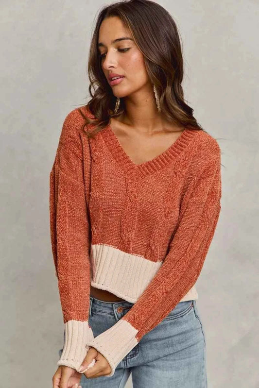 Rust Chenille Cable Knit V-Neck Contrast Cropped Sweater by So Me