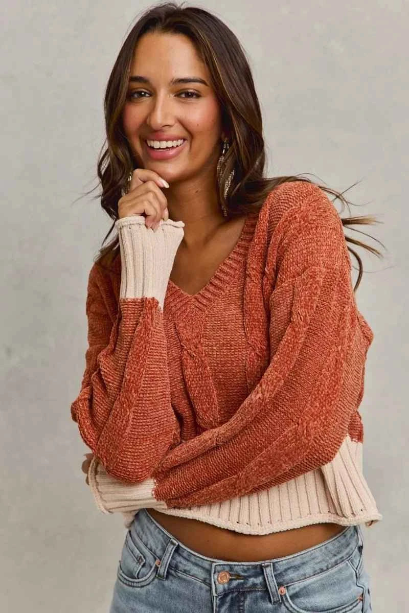 Rust Chenille Cable Knit V-Neck Contrast Cropped Sweater by So Me
