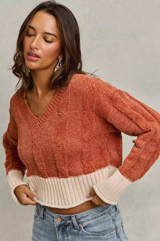 Rust Chenille Cable Knit V-Neck Contrast Cropped Sweater by So Me