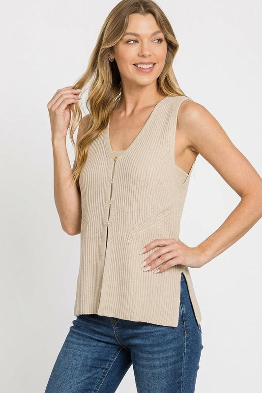 Sand Beige 4 Buttons Ribbed Sweater Vest by Zenana Side View