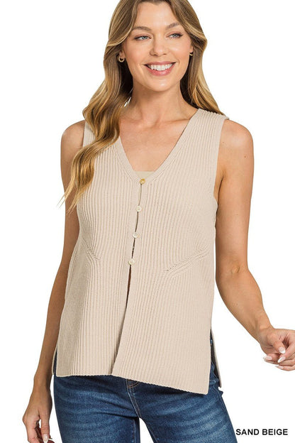 Sand Beige 4 Buttons Ribbed Sweater Vest by Zenana Front View