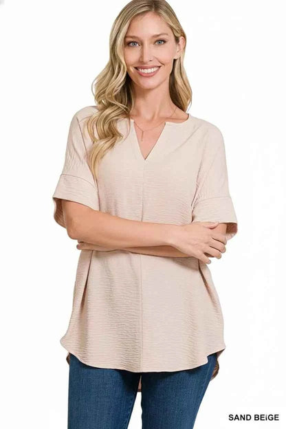 Sand Beige Woven Airflow Split Neck Short Sleeve Top