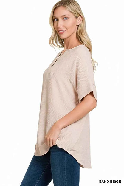 Sand Beige Woven Airflow Split Neck Short Sleeve Top