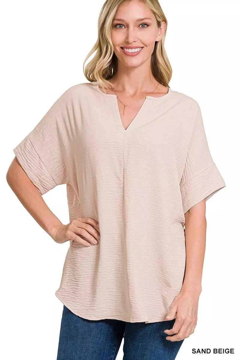 Sand Beige Woven Airflow Split Neck Short Sleeve Top