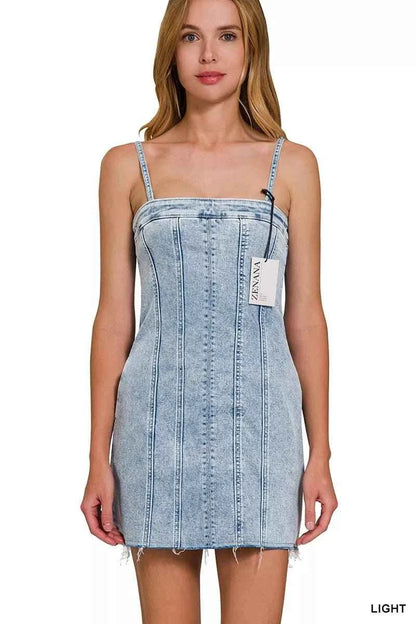 Spaghetti Strap Exposed Seam Light-Wash Dress