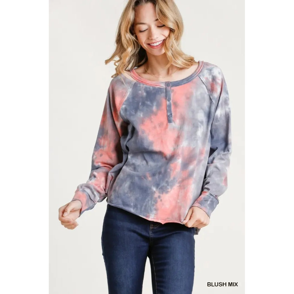 Tie-Dye Henley Long Sleeve Top In Blush Mix Colors Relaxed Fit