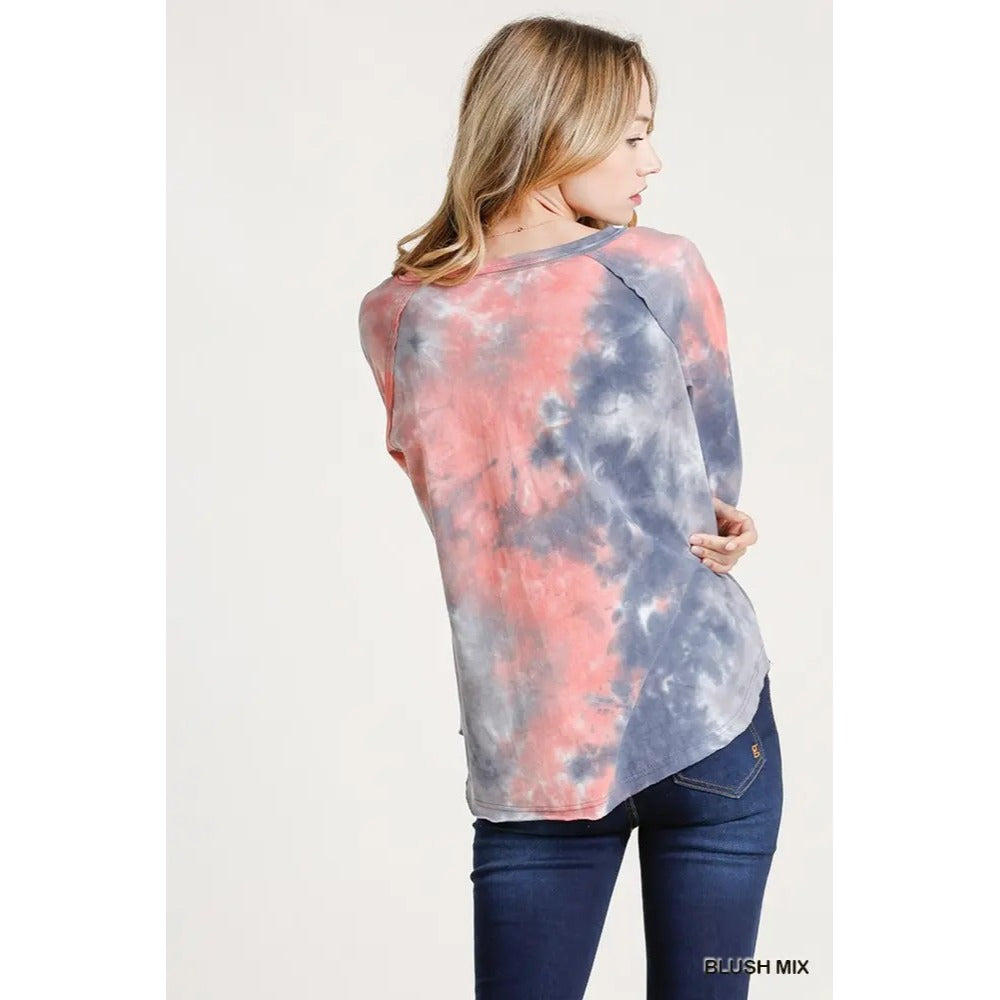 Tie-Dye Henley Long Sleeve Top In Blush Mix Colors Relaxed Fit