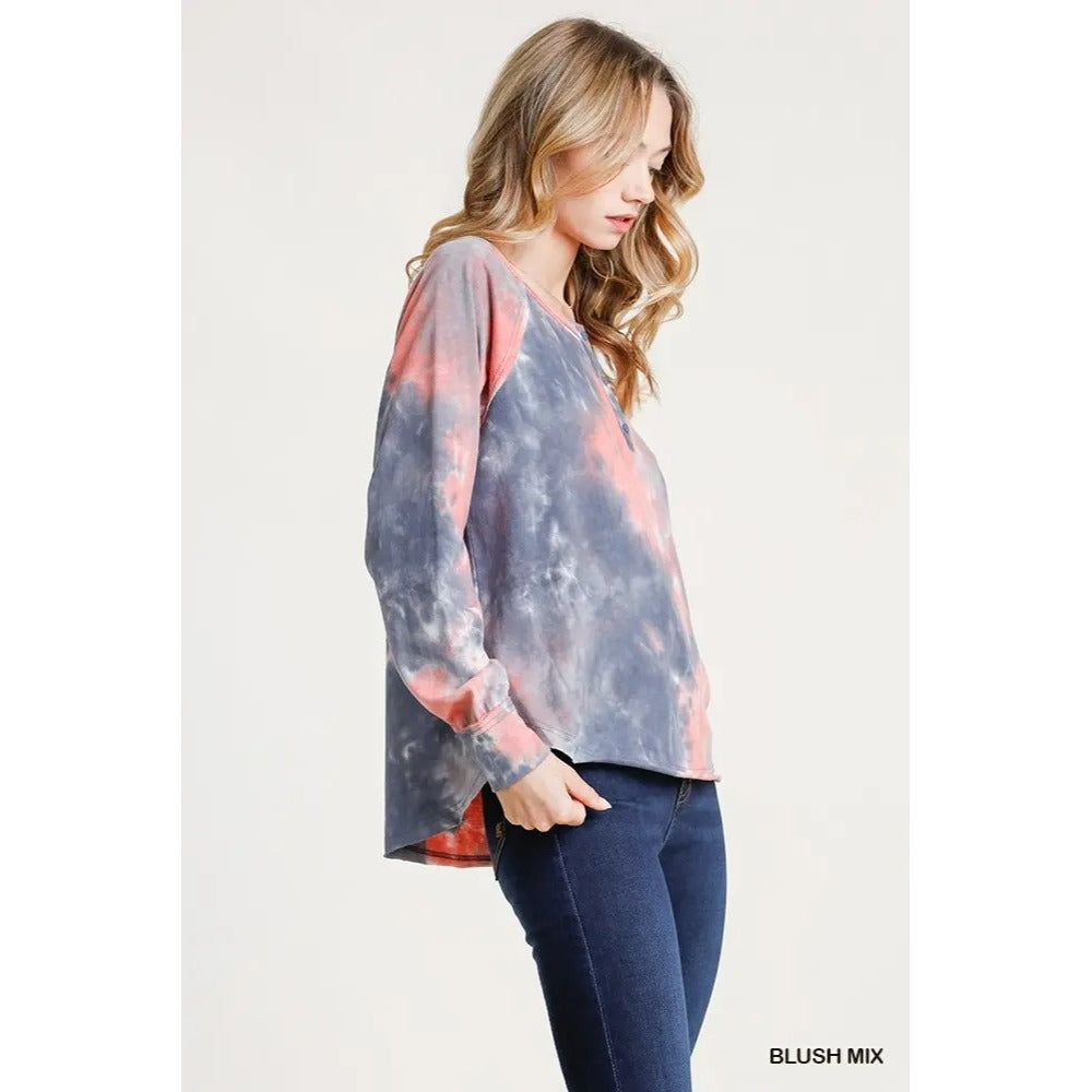 Tie-Dye Henley Long Sleeve Top In Blush Mix Colors Relaxed Fit