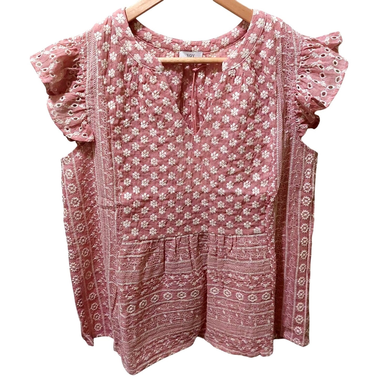 VOY Pink/Mauve Floral Embroidered Ruffle Sleeve Top Boho