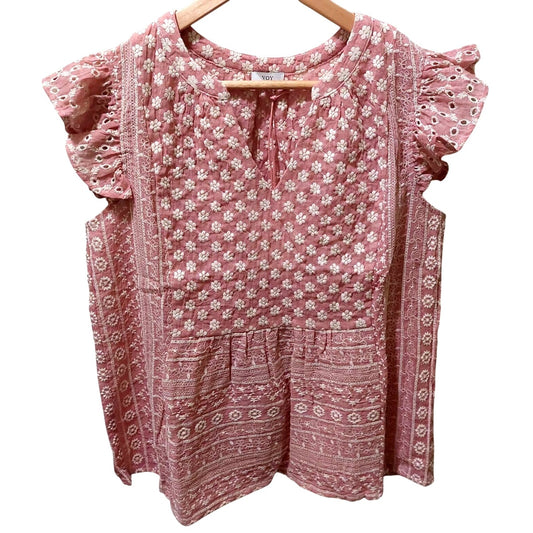 VOY Pink/Mauve Floral Embroidered Ruffle Sleeve Top Boho