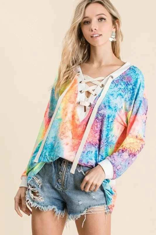 Tie Dye Deep V-neck Top With Lace Up Front by BiBi
