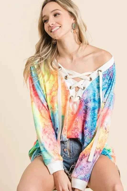 Tie Dye Deep V-neck Top With Lace Up Front by BiBi