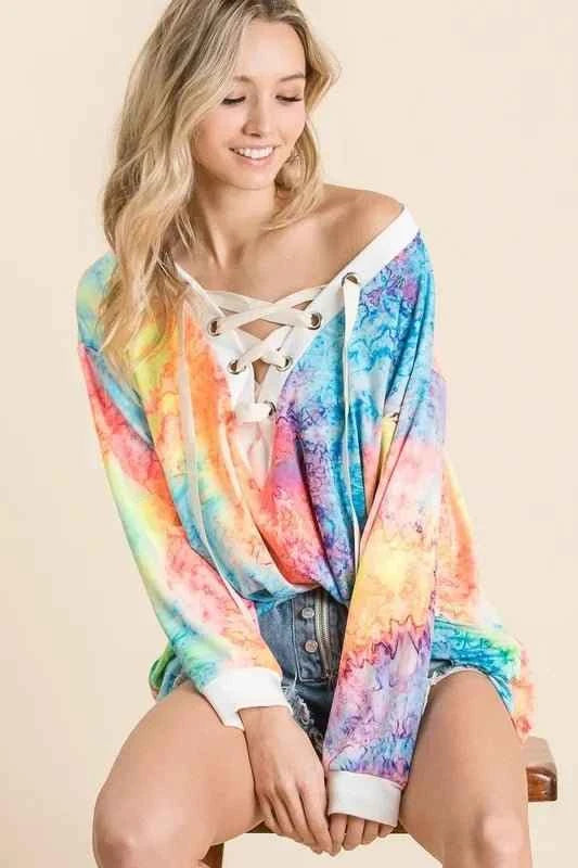 Tie Dye Deep V-neck Top With Lace Up Front by BiBi