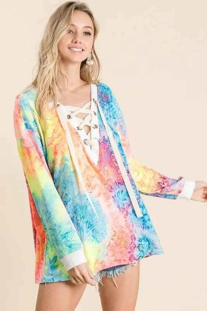 Tie Dye Deep V-neck Top With Lace Up Front by BiBi