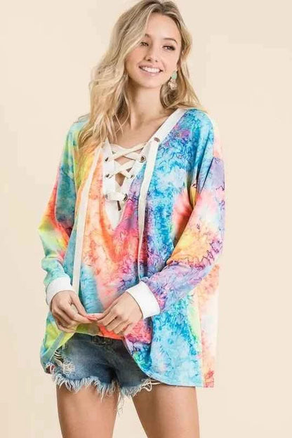 Tie Dye Deep V-neck Top With Lace Up Front by BiBi