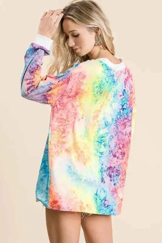 Tie Dye Deep V-neck Top With Lace Up Front by BiBi