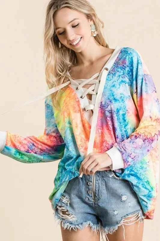 Tie Dye Deep V-neck Top With Lace Up Front by BiBi