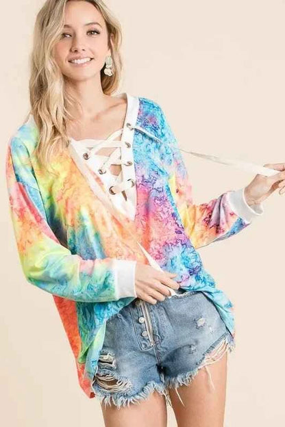 Tie Dye Deep V-neck Top With Lace Up Front by BiBi