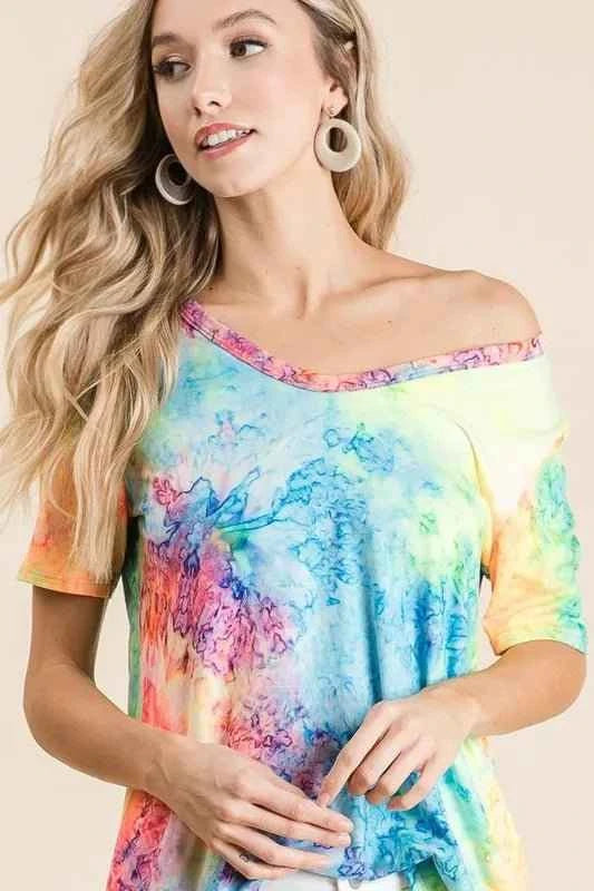 Tie Dye Print Jersey V Neck Top by BiBi