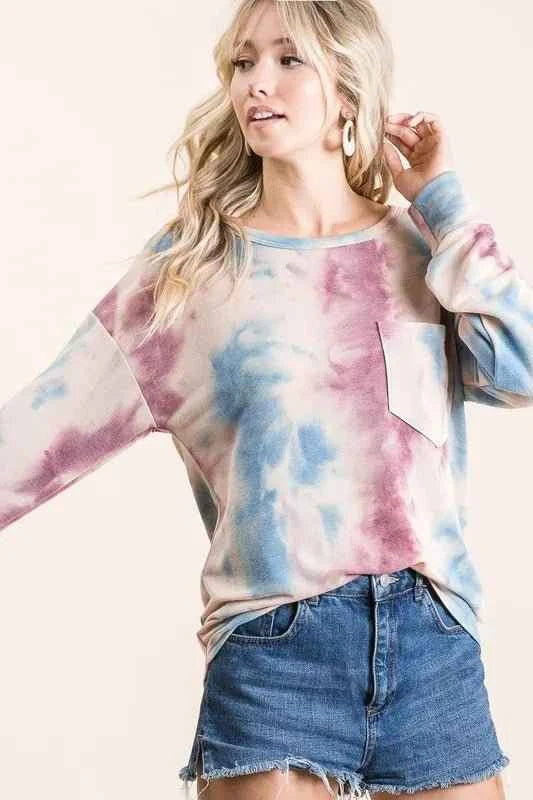 Tie Dye Print Terry Top With Front Patch Pocket Lavender/Blue by BiBi