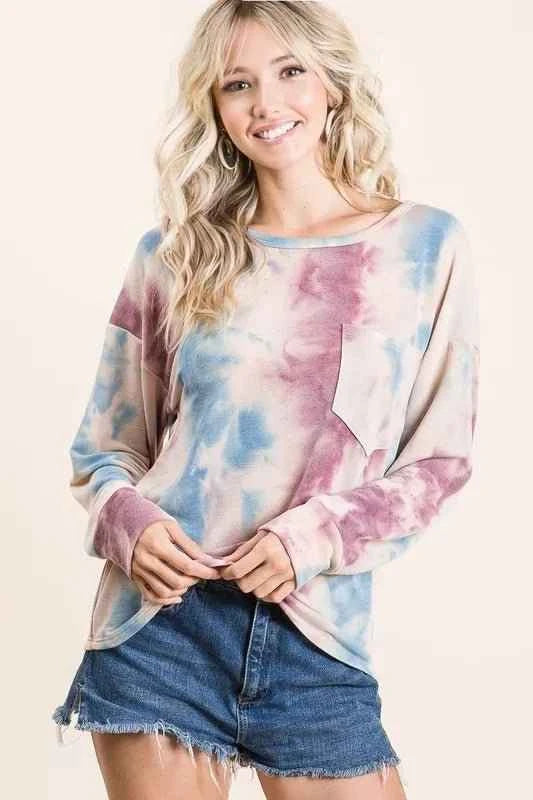 Tie Dye Print Terry Top With Front Patch Pocket Lavender/Blue by BiBi