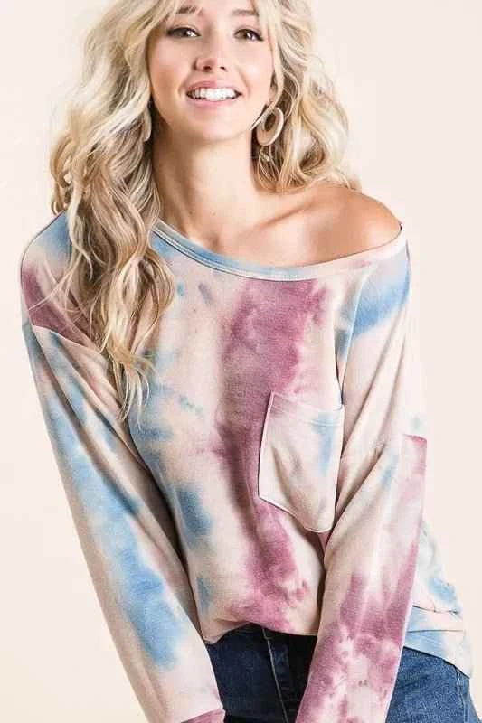 Tie Dye Print Terry Top With Front Patch Pocket Lavender/Blue by BiBi
