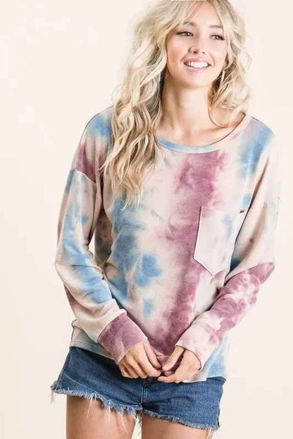 Tie Dye Print Terry Top With Front Patch Pocket Lavender/Blue by BiBi
