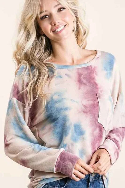 Tie Dye Print Terry Top With Front Patch Pocket Lavender/Blue by BiBi