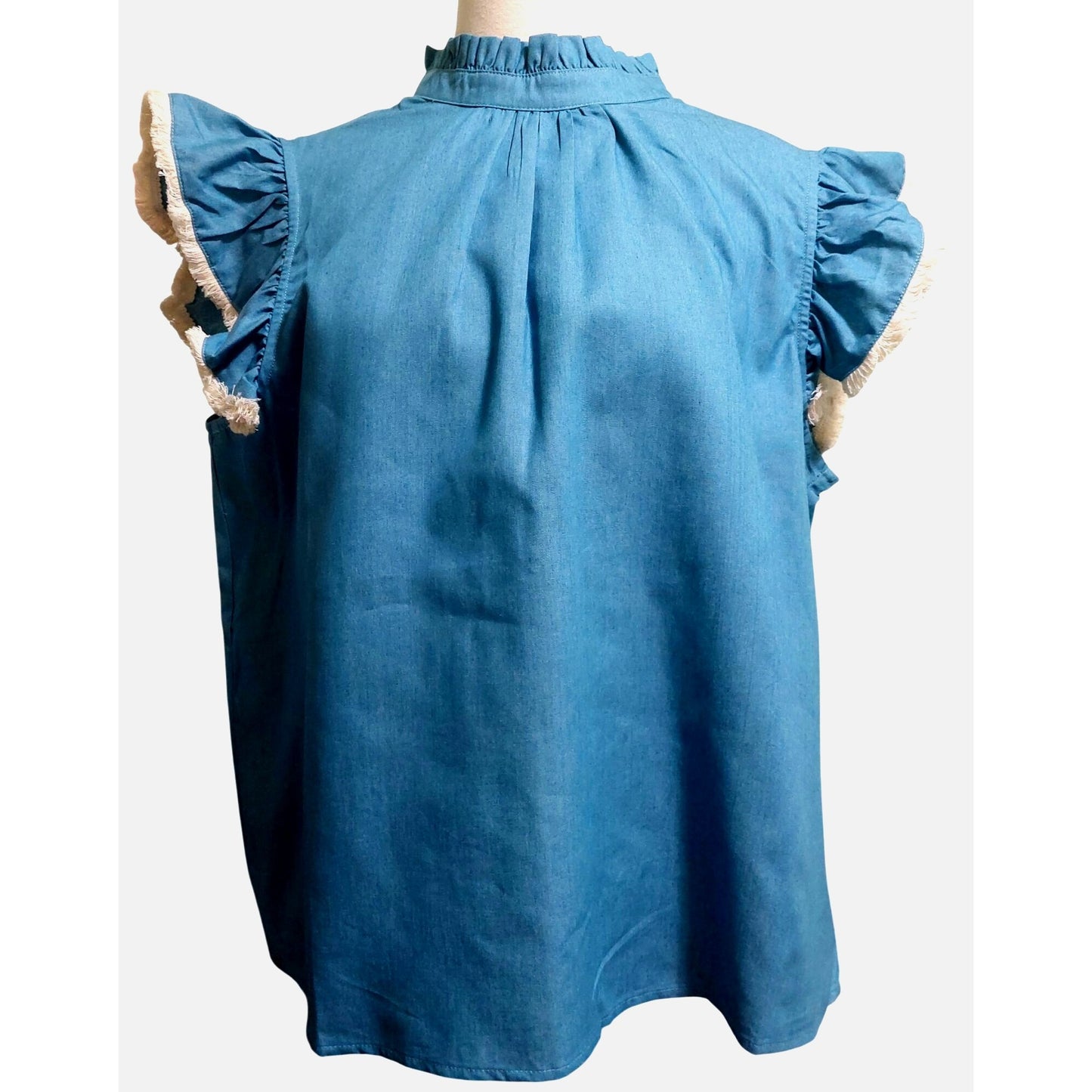 Voy Blue Sleeveless Ruffle Top With Tie Back~Fringe Tip Sleeve~Size LARGE