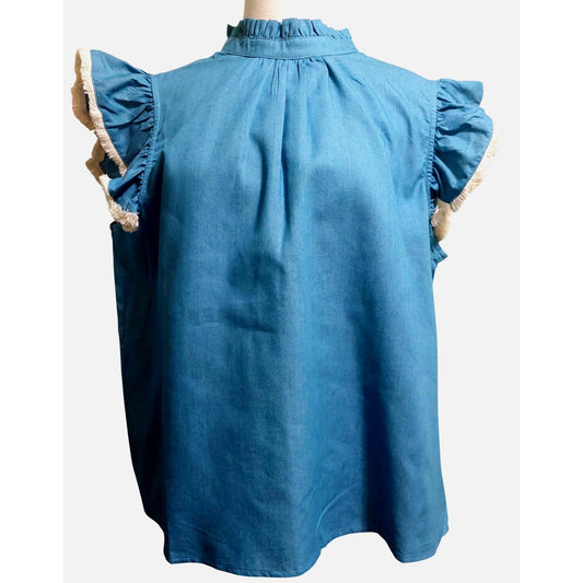 Voy Blue Sleeveless Ruffle Top With Tie Back~Fringe Tip Sleeve~Size LARGE