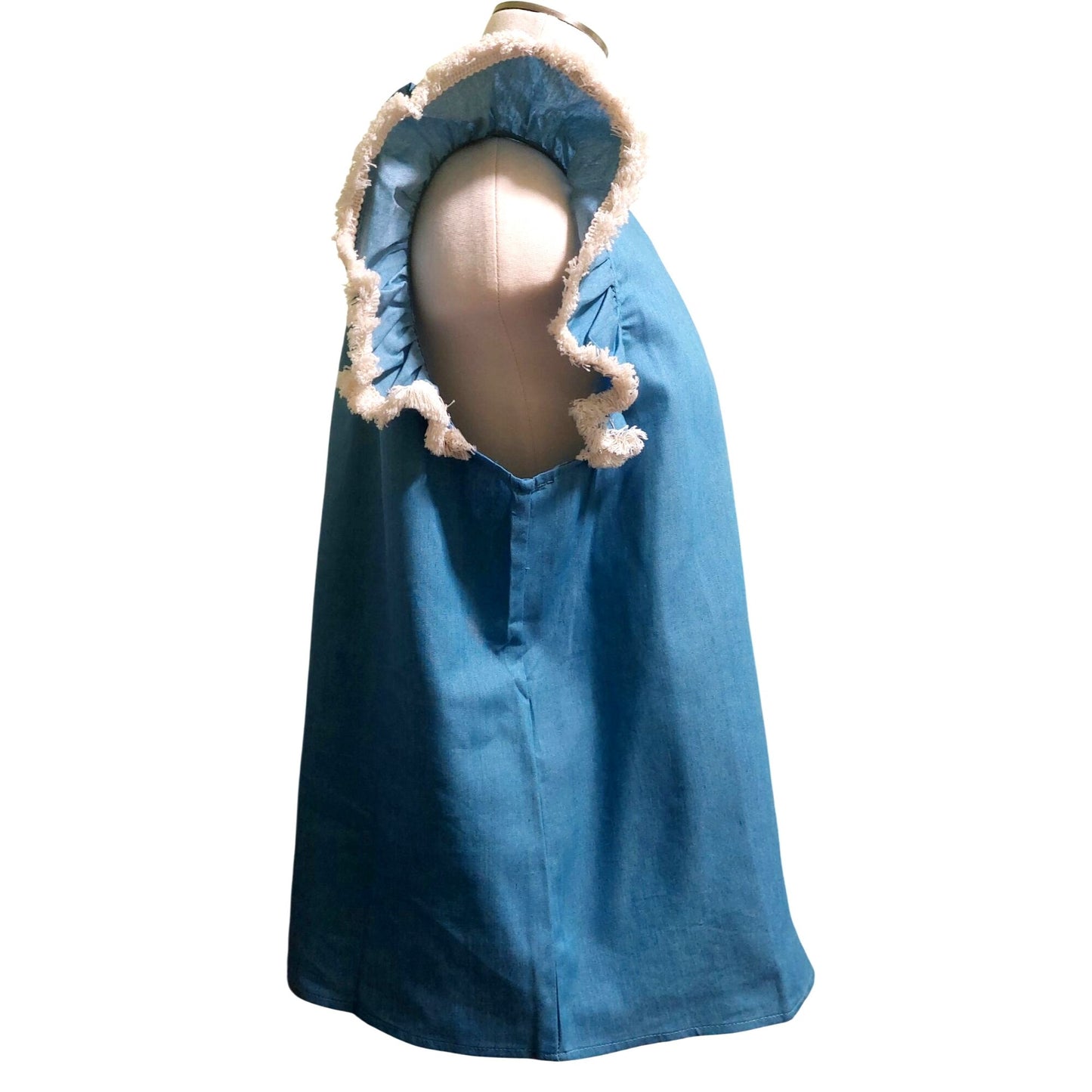 Voy Blue Sleeveless Ruffle Top With Tie Back~Fringe Tip Sleeve~Size LARGE