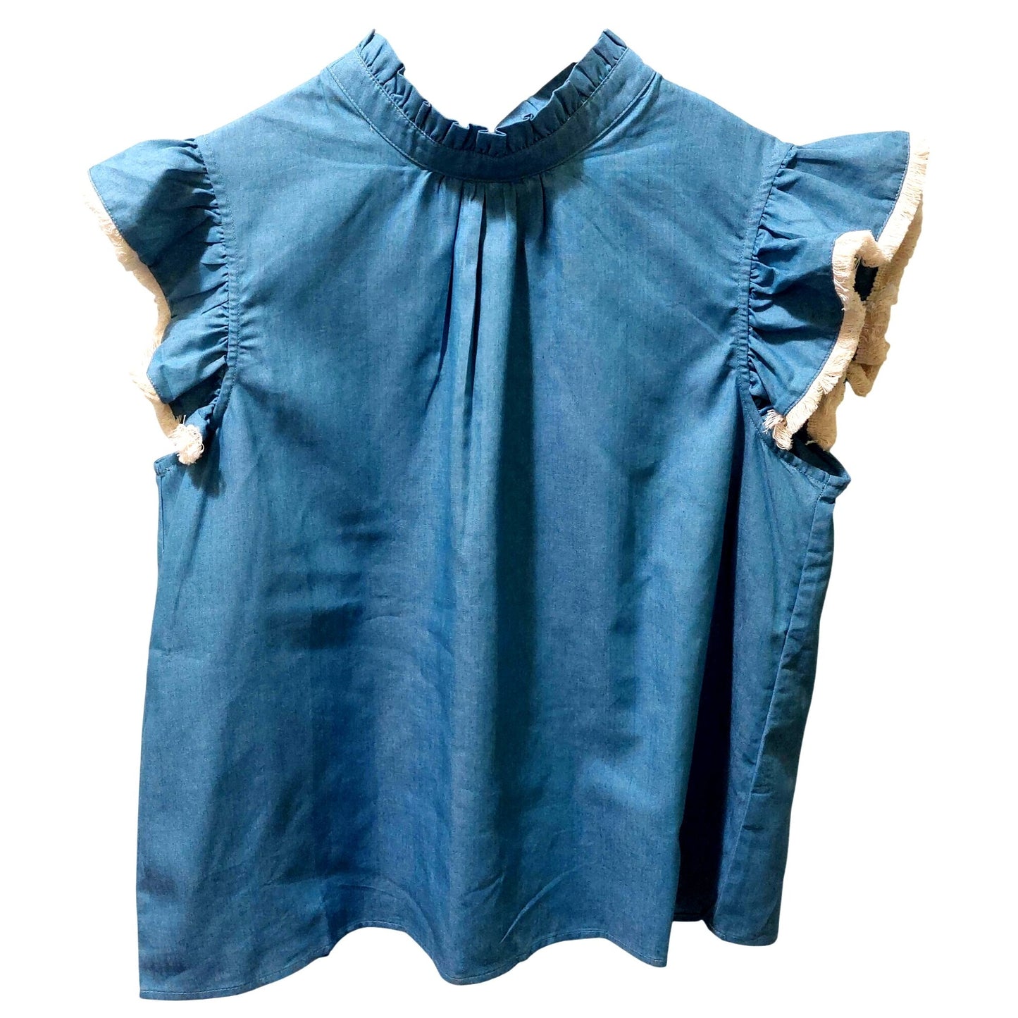 Voy Blue Sleeveless Ruffle Top With Tie Back~Fringe Tip Sleeve~Size LARGE