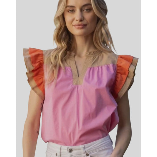 Voy Kendra Colorblock Poplin Ruffle Sleeve Top In Pink~Khaki~Orange ~ SMALL