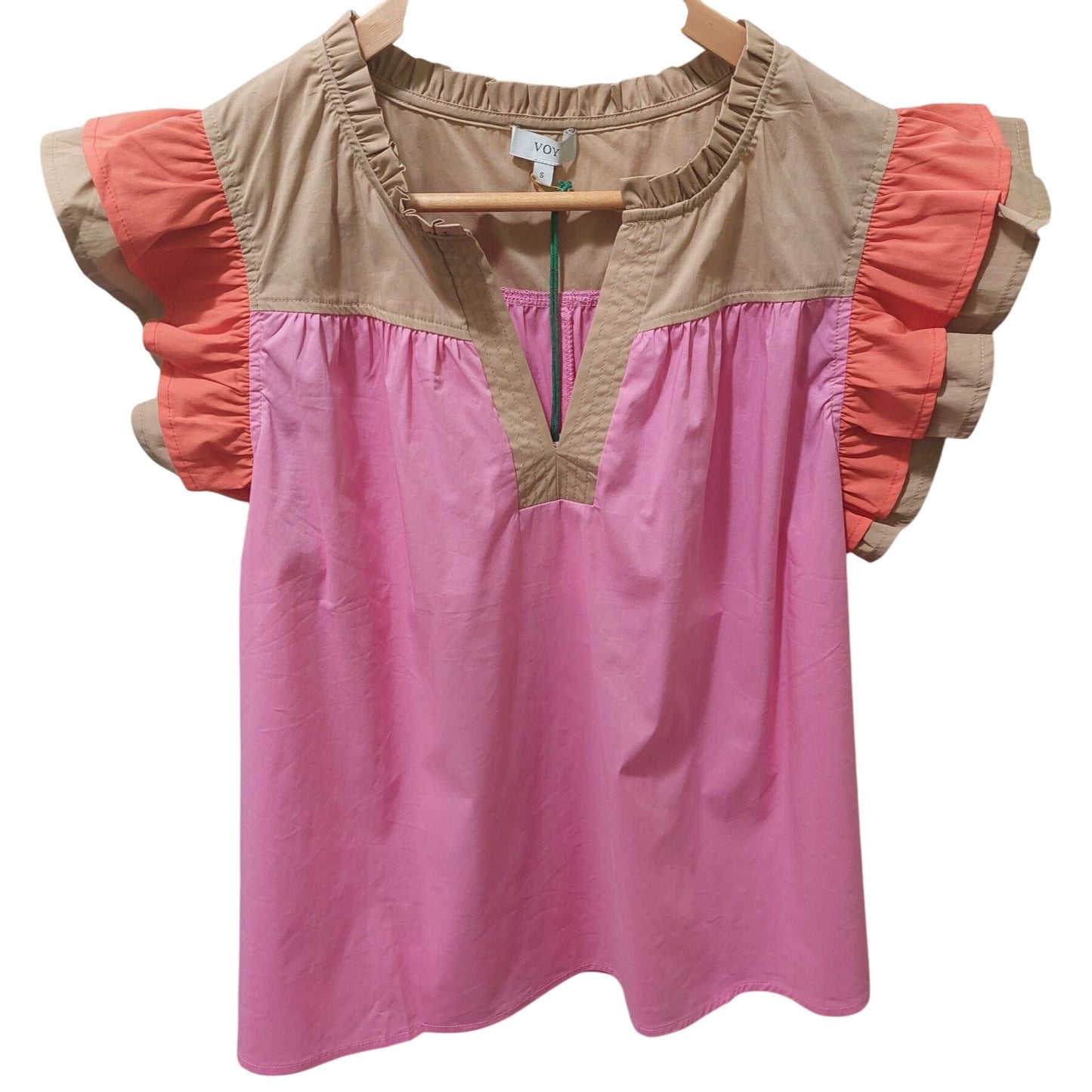 Voy Kendra Colorblock Poplin Ruffle Sleeve Top In Pink~Khaki~Orange ~ SMALL