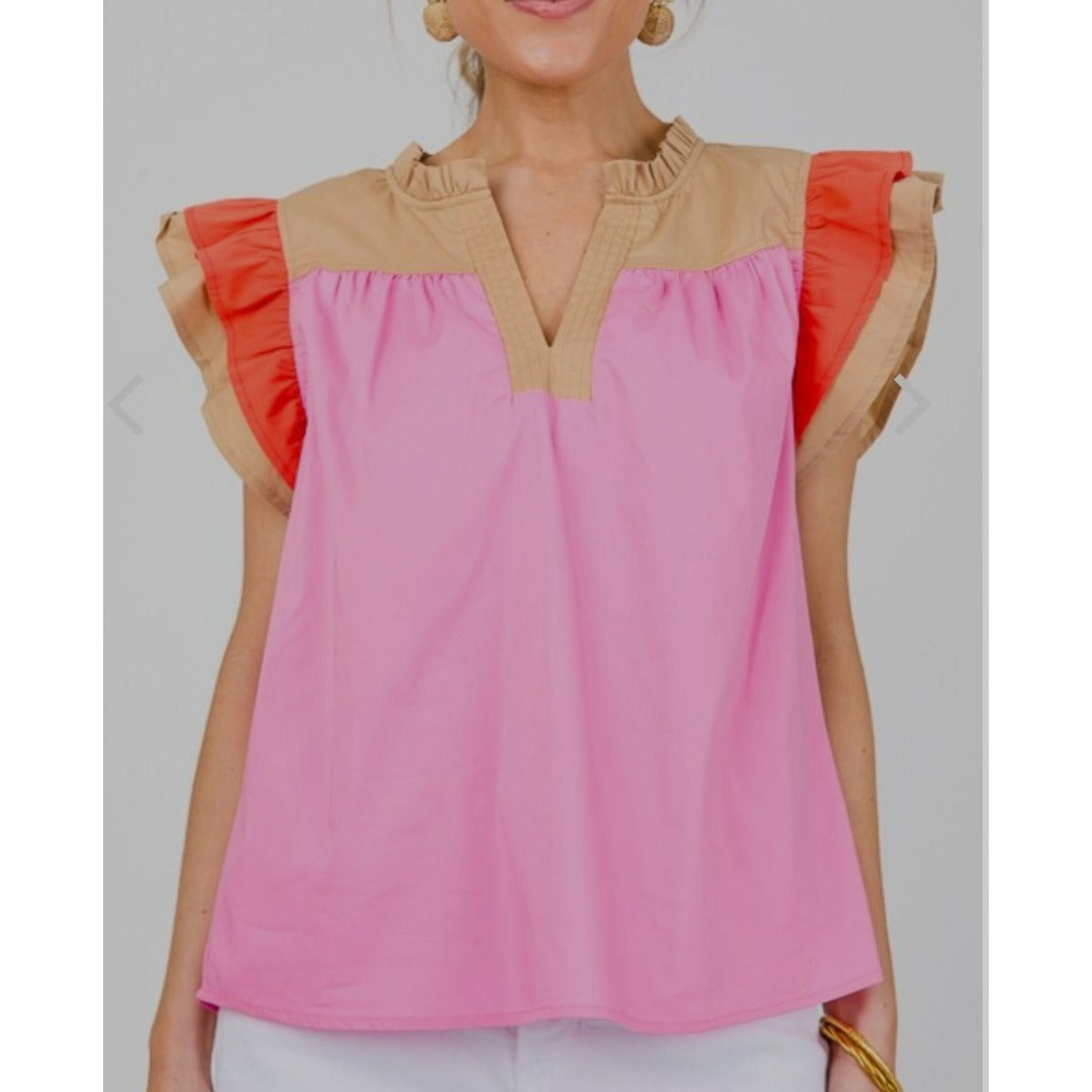 Voy Kendra Colorblock Poplin Ruffle Sleeve Top In Pink~Khaki~Orange ~ SMALL