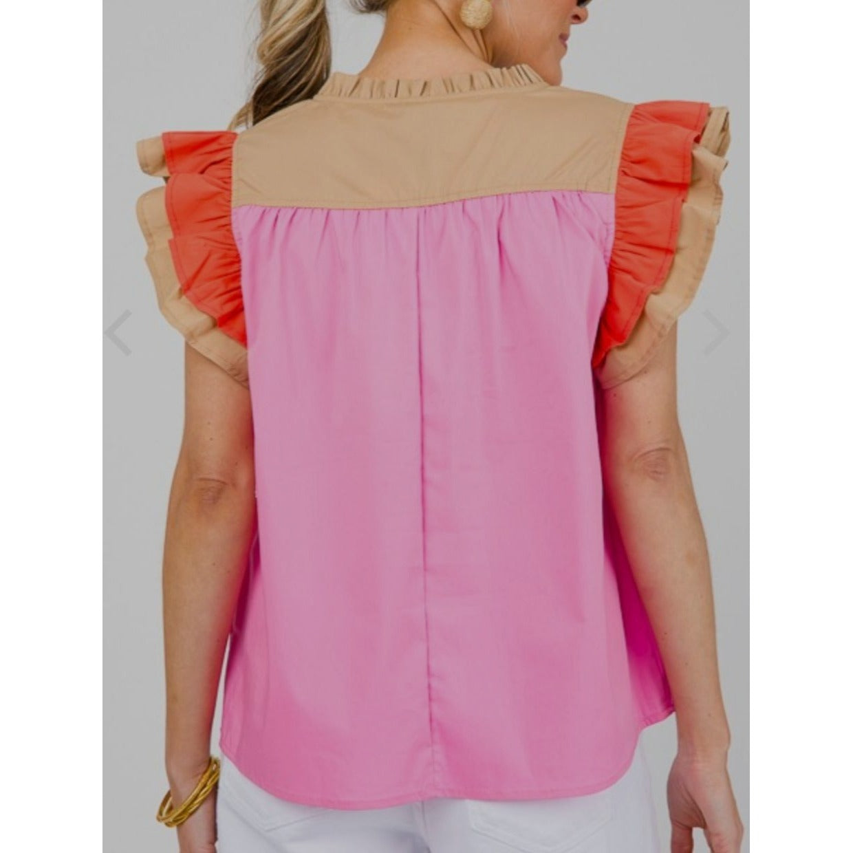 Voy Kendra Colorblock Poplin Ruffle Sleeve Top In Pink~Khaki~Orange ~ SMALL