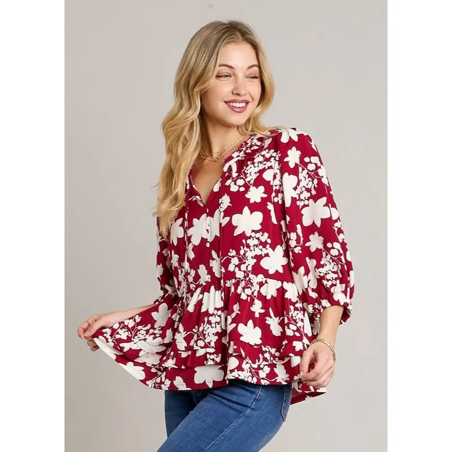 Umgee Wine/White Floral Printed Balloon Sleeve Top with Ruffle Detail