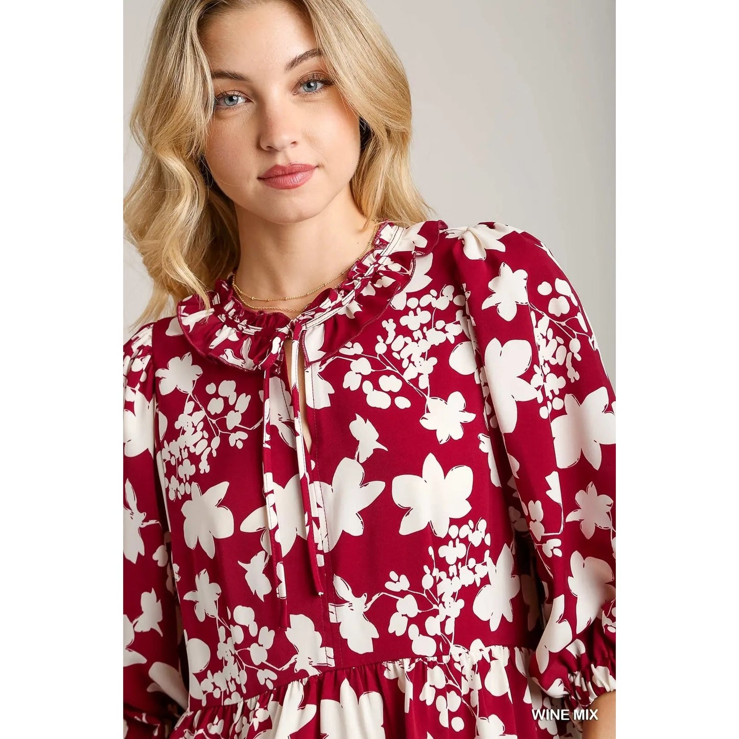 Umgee Wine/White Floral Printed Balloon Sleeve Top with Ruffle Detail
