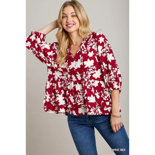 Umgee Wine/White Floral Printed Balloon Sleeve Top with Ruffle Detail