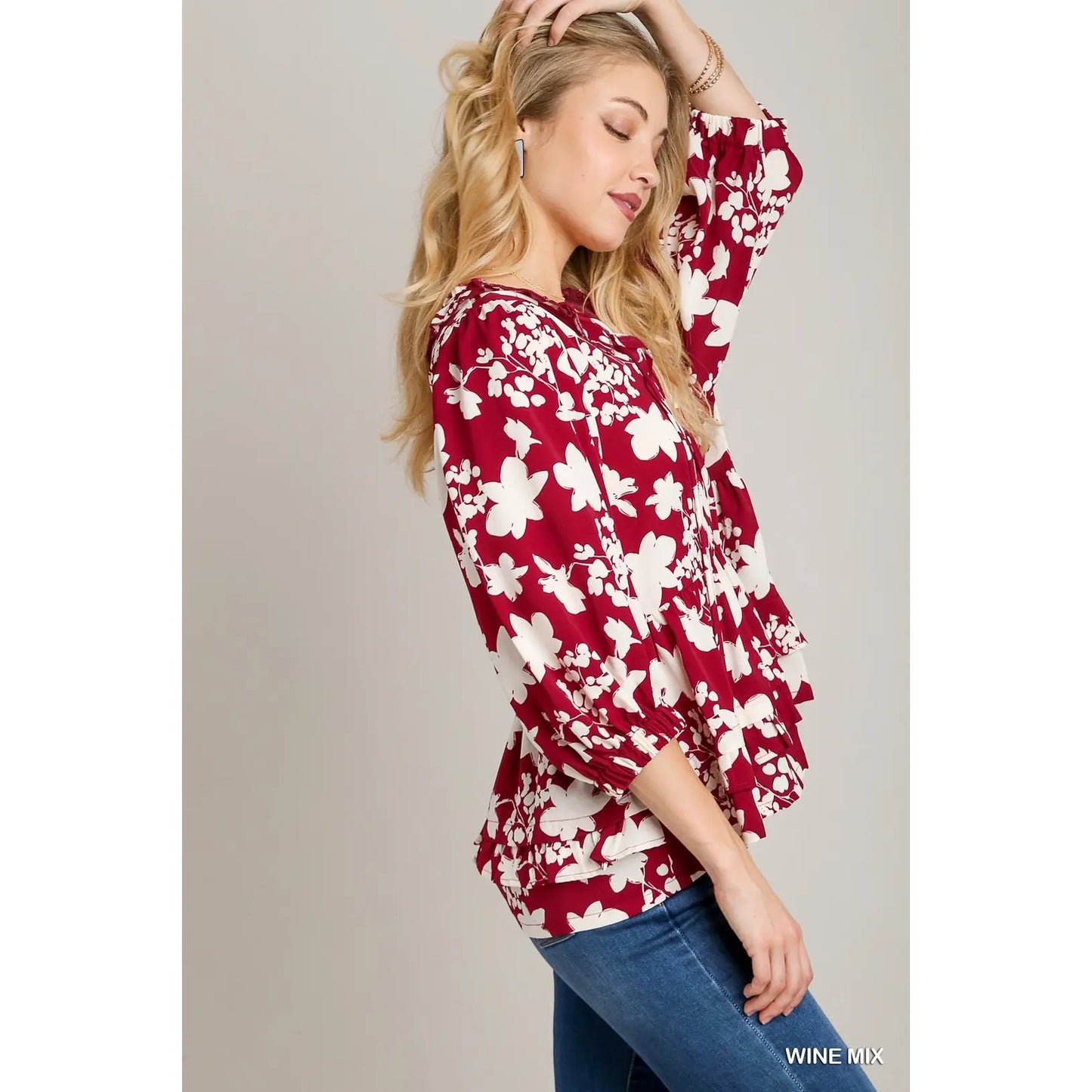 Umgee Wine/White Floral Printed Balloon Sleeve Top with Ruffle Detail
