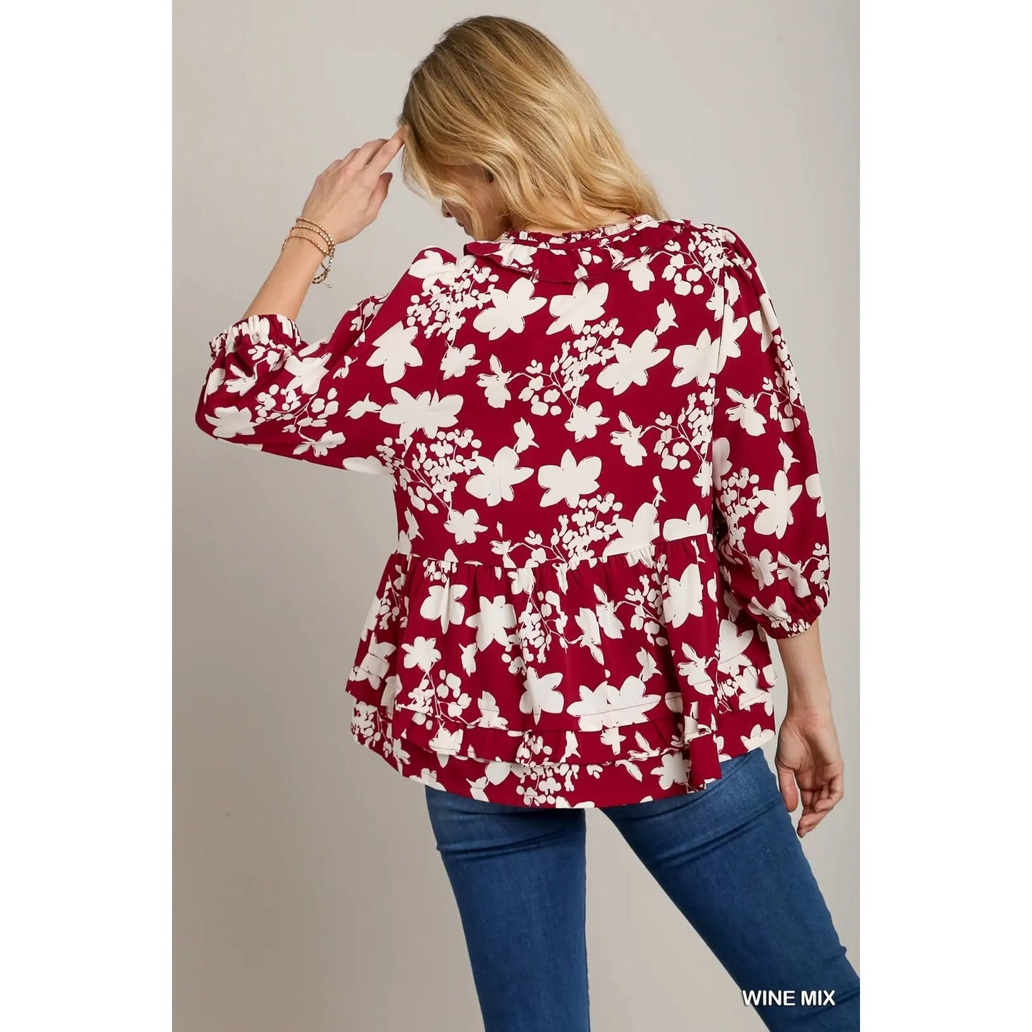 Umgee Wine/White Floral Printed Balloon Sleeve Top with Ruffle Detail