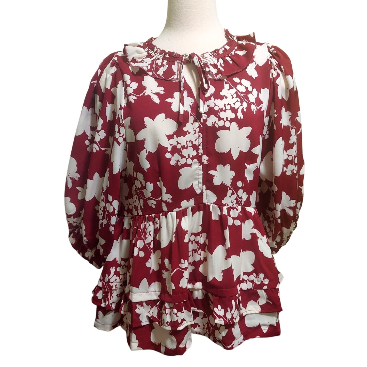 Umgee Wine/White Floral Printed Balloon Sleeve Top with Ruffle Detail