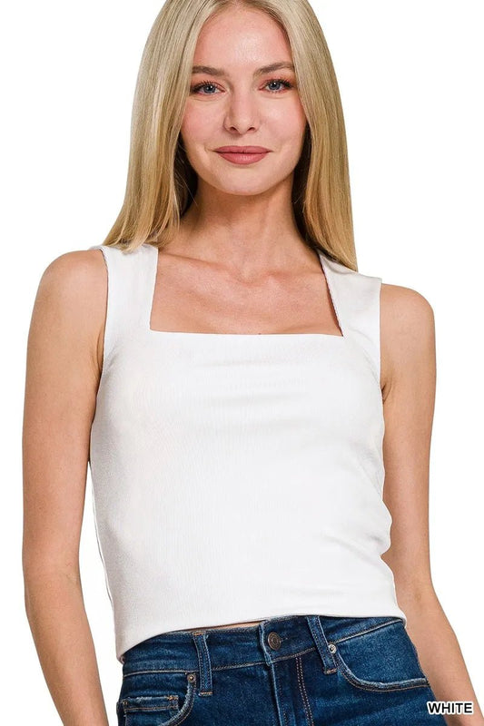 Zenana White Ribbed Seamless Double Layered Square Neck Tank Front
