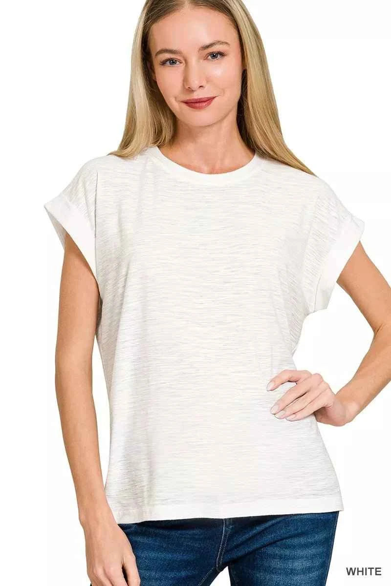 White Slub Cuffed Sleeve Tee by Zenana