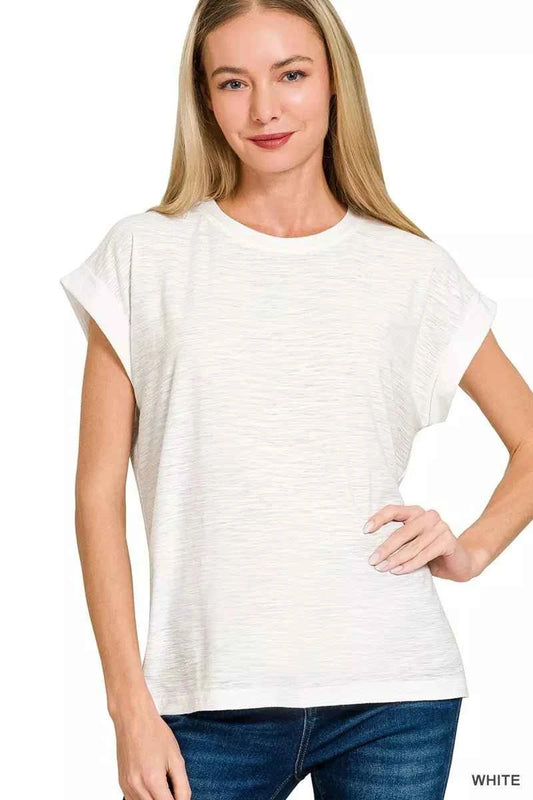 White Slub Cuffed Sleeve Tee by Zenana