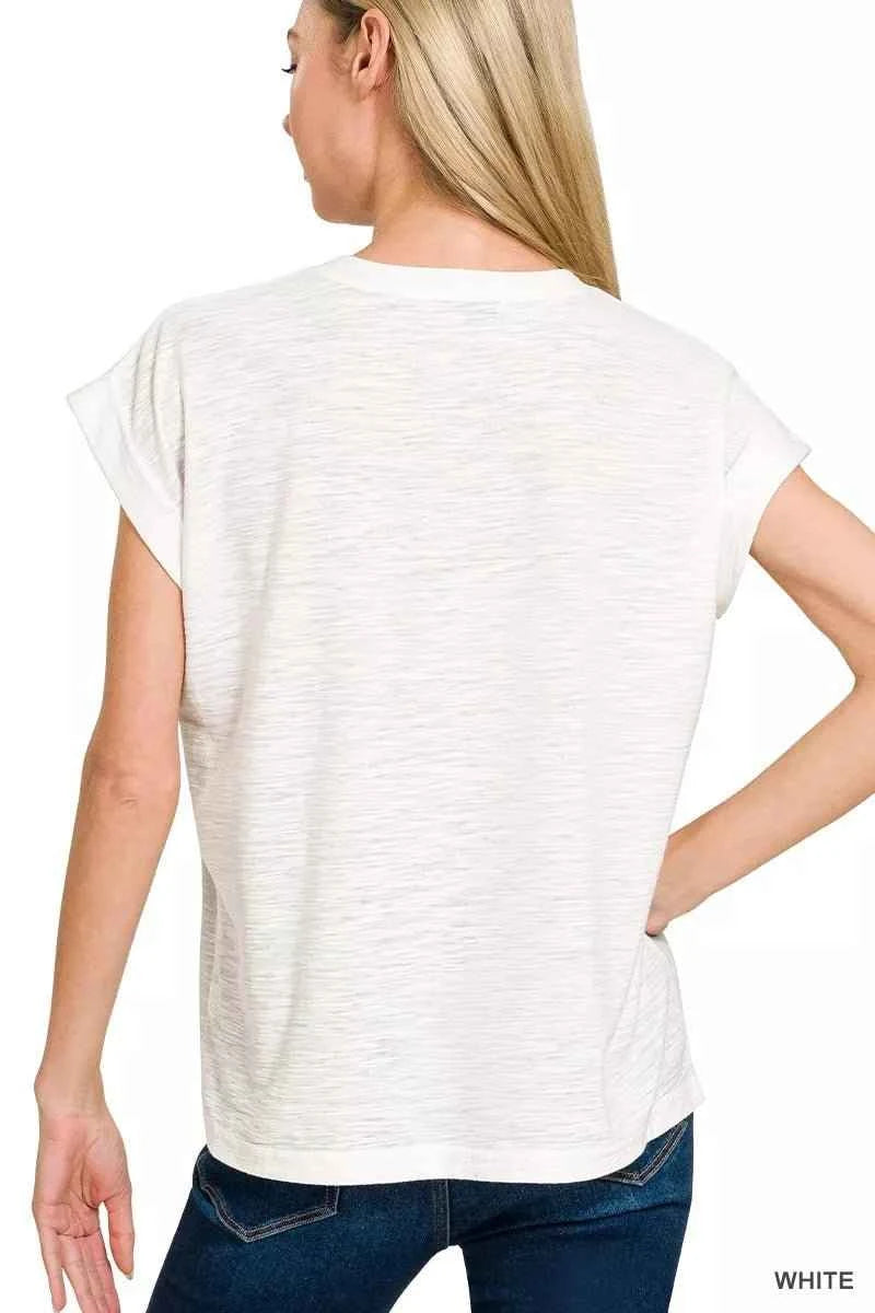 White Slub Cuffed Sleeve Tee by Zenana