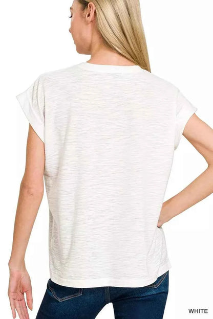 White Slub Cuffed Sleeve Tee by Zenana