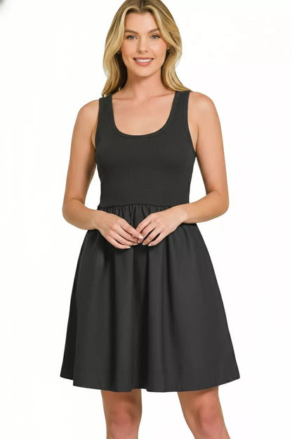 Women's Black Combined Knit & Woven Midi Dress with Pockets by Zenana - What Lala Loves