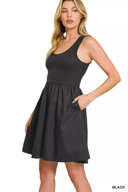 Women's Black Combined Knit & Woven Midi Dress with Pockets by Zenana - What Lala Loves